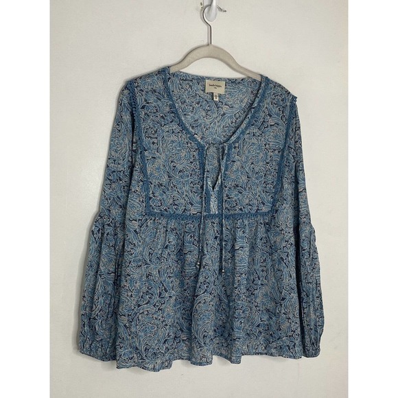 HAUTE HIPPIE TRIBE Avery Blue Paisley Top Peasant Cottagecore Boho Blouse Sz M - Picture 2 of 6